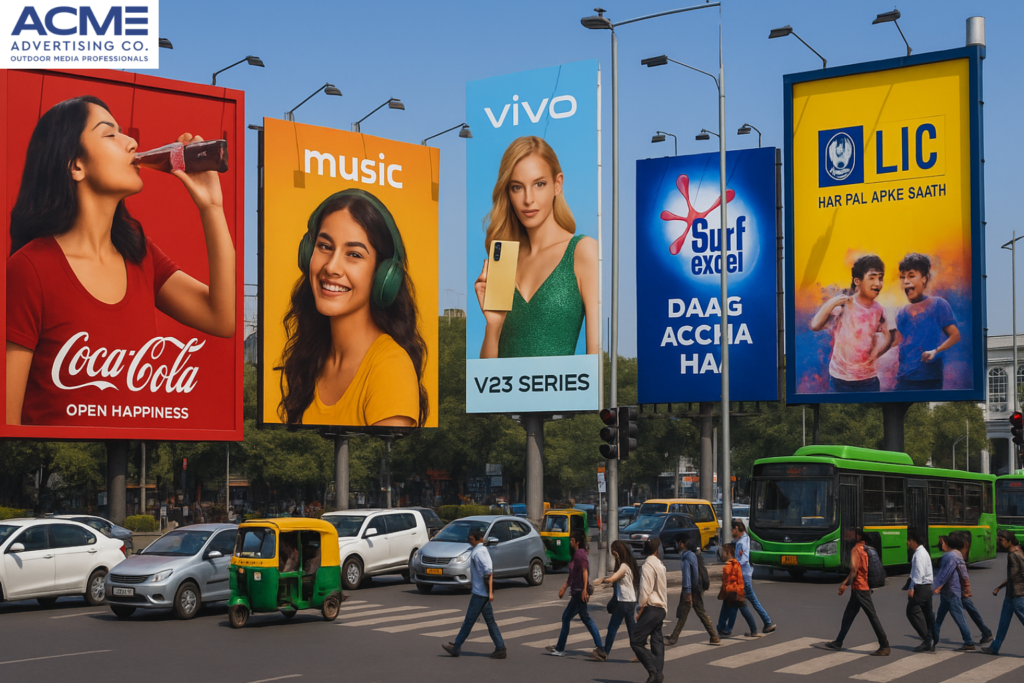 Prominent hoardings installed by top hoarding company in Delhi, featuring eye-catching advertisements along busy roads and urban intersections.