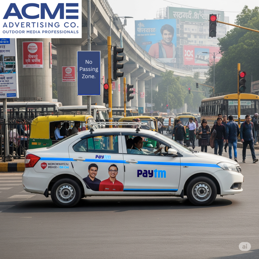 Cab branding in Delhi showcasing a moving taxi wrapped with vibrant brand advertisement through city streets.
