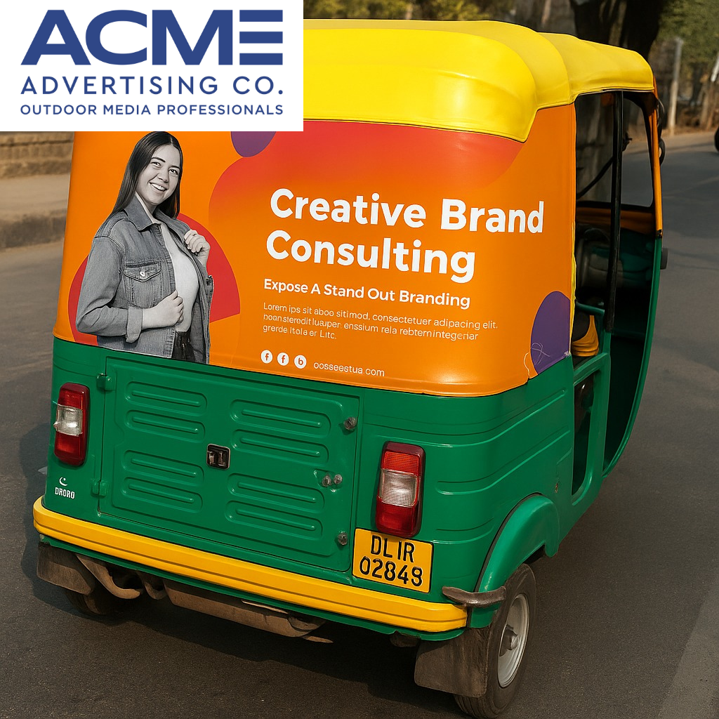 Auto Branding in India showcased through colorful, branded vehicles including auto rickshaws and delivery vans featuring business advertisements on urban Indian streets