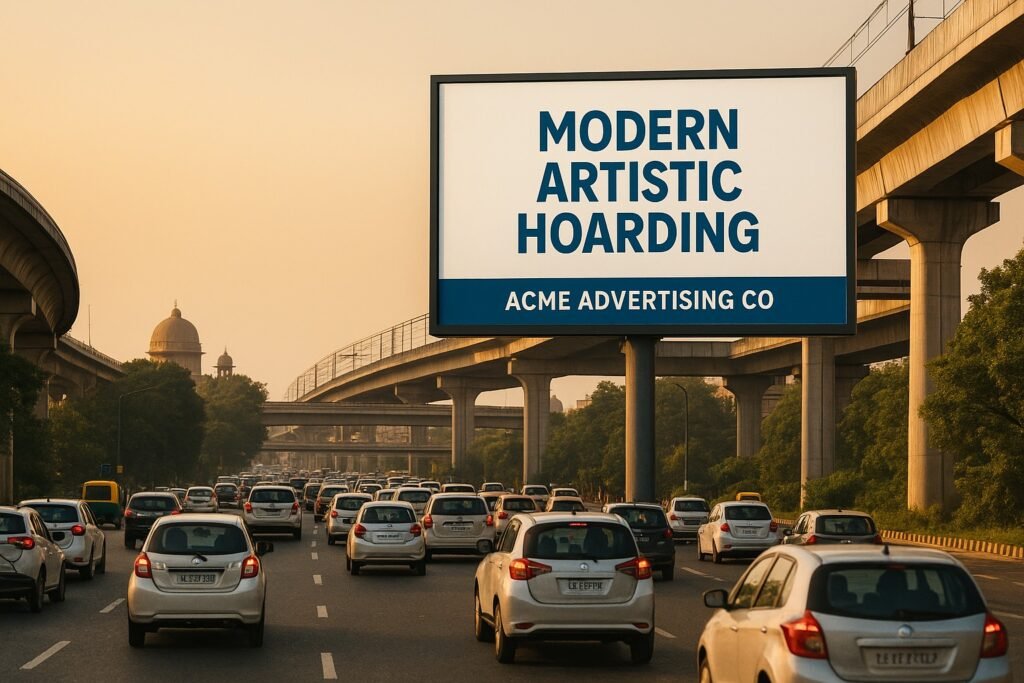 Large roadside hoarding in a busy urban area, designed by a top hoarding agency in India, displaying a vibrant brand advertisement for maximum visibility.