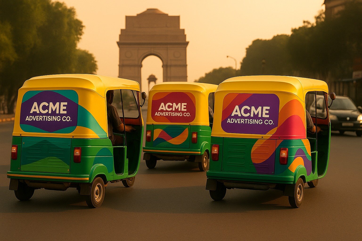 ACME branding team strategizes Vehicle Branding wraps with mockups, swatches, and traffic analysis on a digital map.