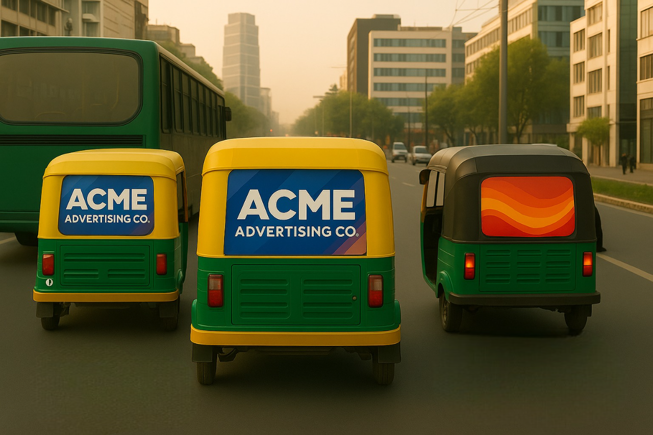 Brand advertisement displayed on a city bus and auto-rickshaw, showcasing transit advertising in urban areas for maximum visibility in 2025.