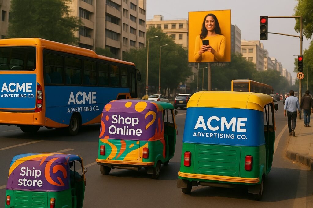 Brand advertisement displayed on a city bus and auto-rickshaw, showcasing transit advertising in urban areas for maximum visibility in 2025.