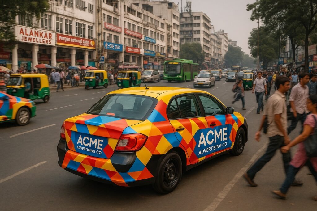 Cab branding company vehicle wrapped with vibrant advertising design





