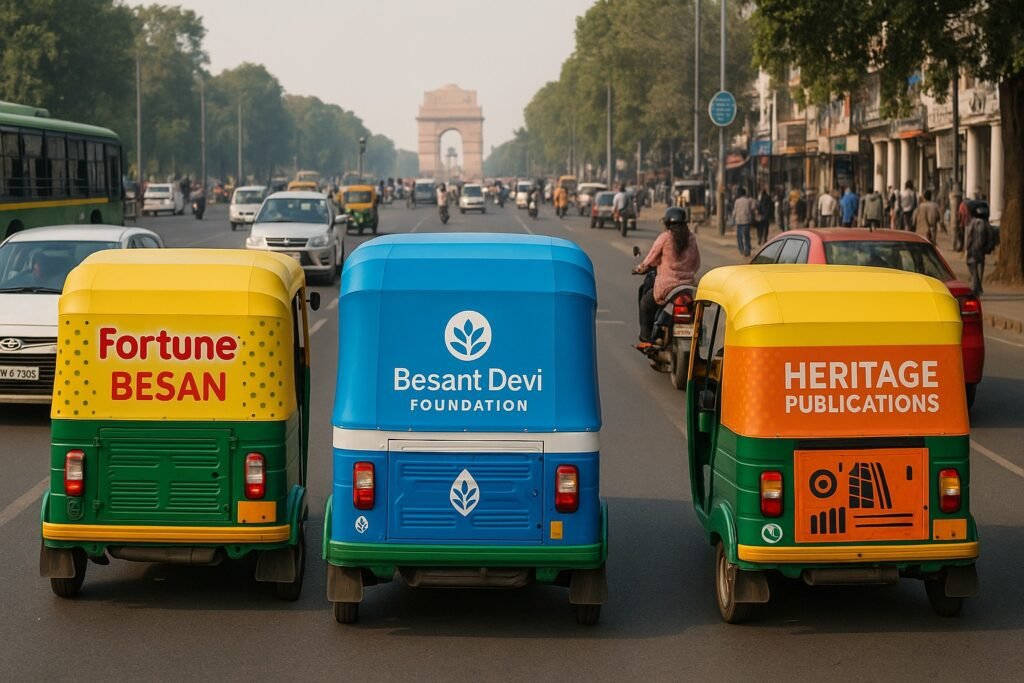 Auto branding agency in Delhi designing and applying vibrant vehicle advertisements on city autos for high-impact mobile marketing.