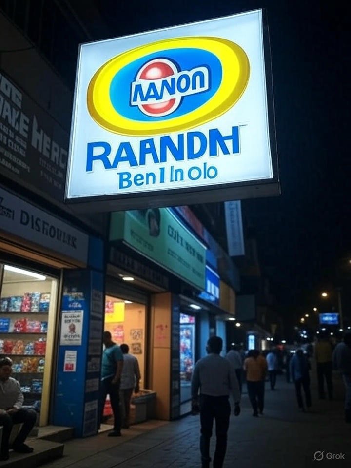 Glow sign board mounted on a storefront, illuminated at night to attract customers and enhance brand visibility.