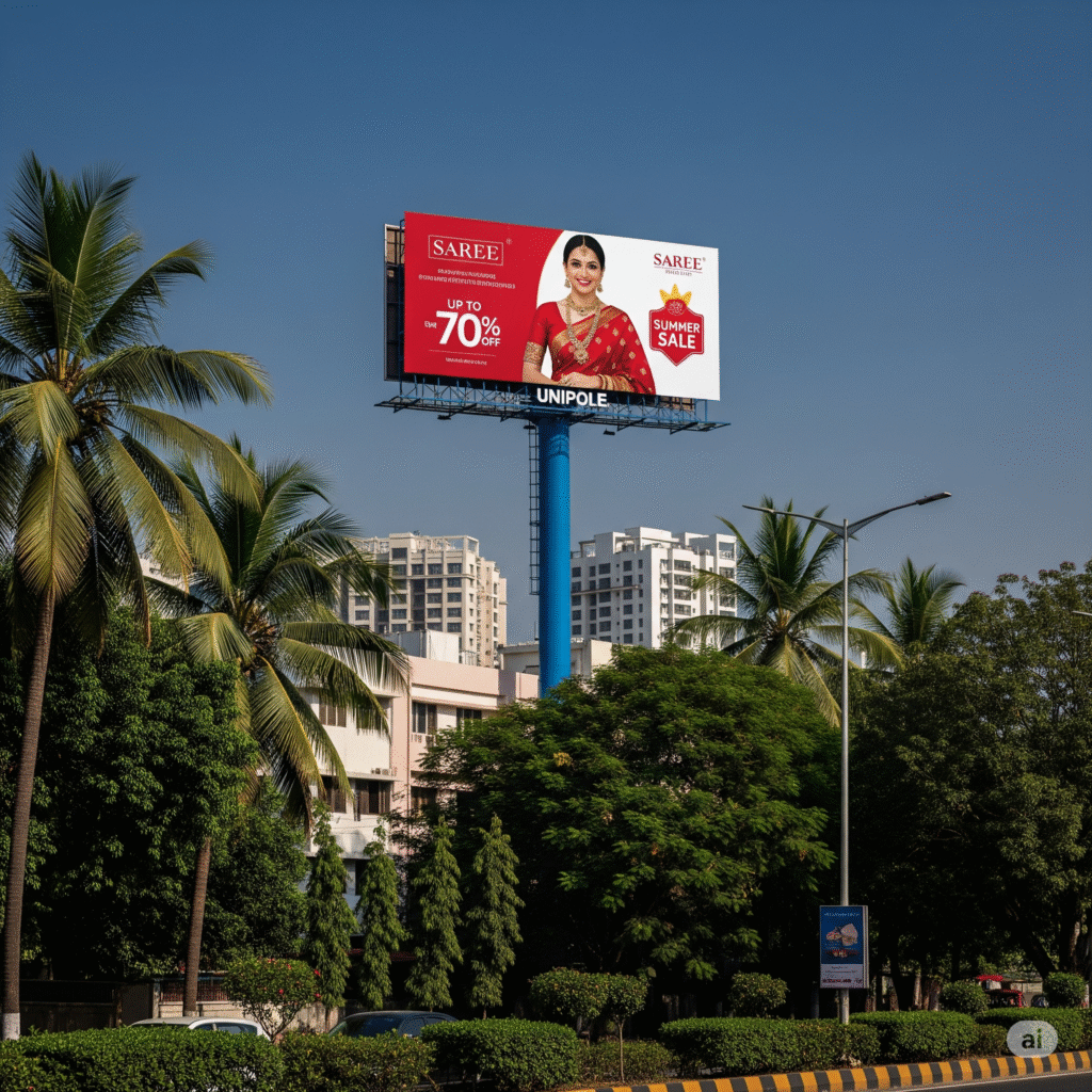 Unipole advertising display by ACME Advertising Co., a leading unipole advertising company in India, showcasing bold outdoor brand visibility.