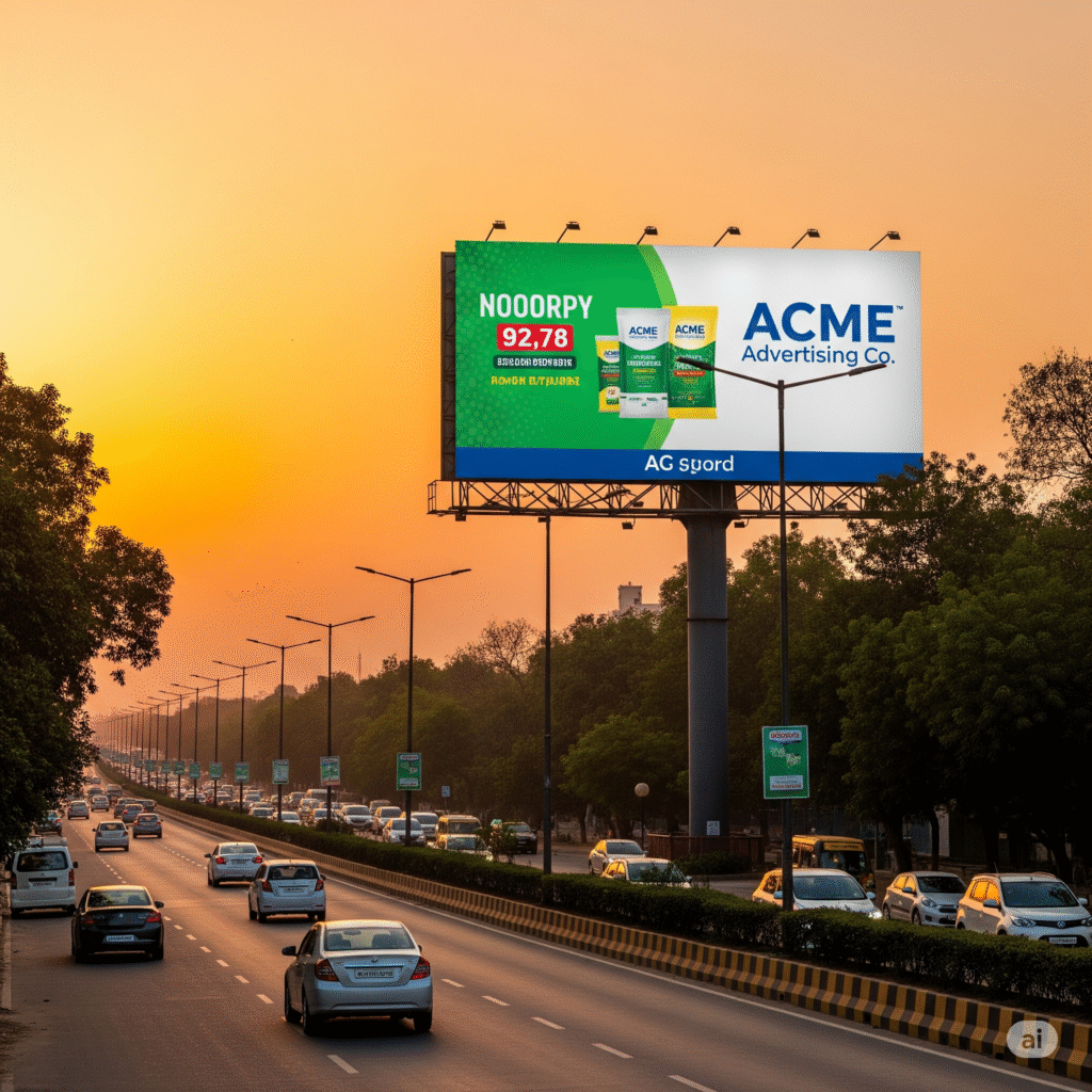 Hoarding advertising in Delhi displayed on a major city road, showcasing a vibrant outdoor ad targeting daily commuters and maximizing brand visibility