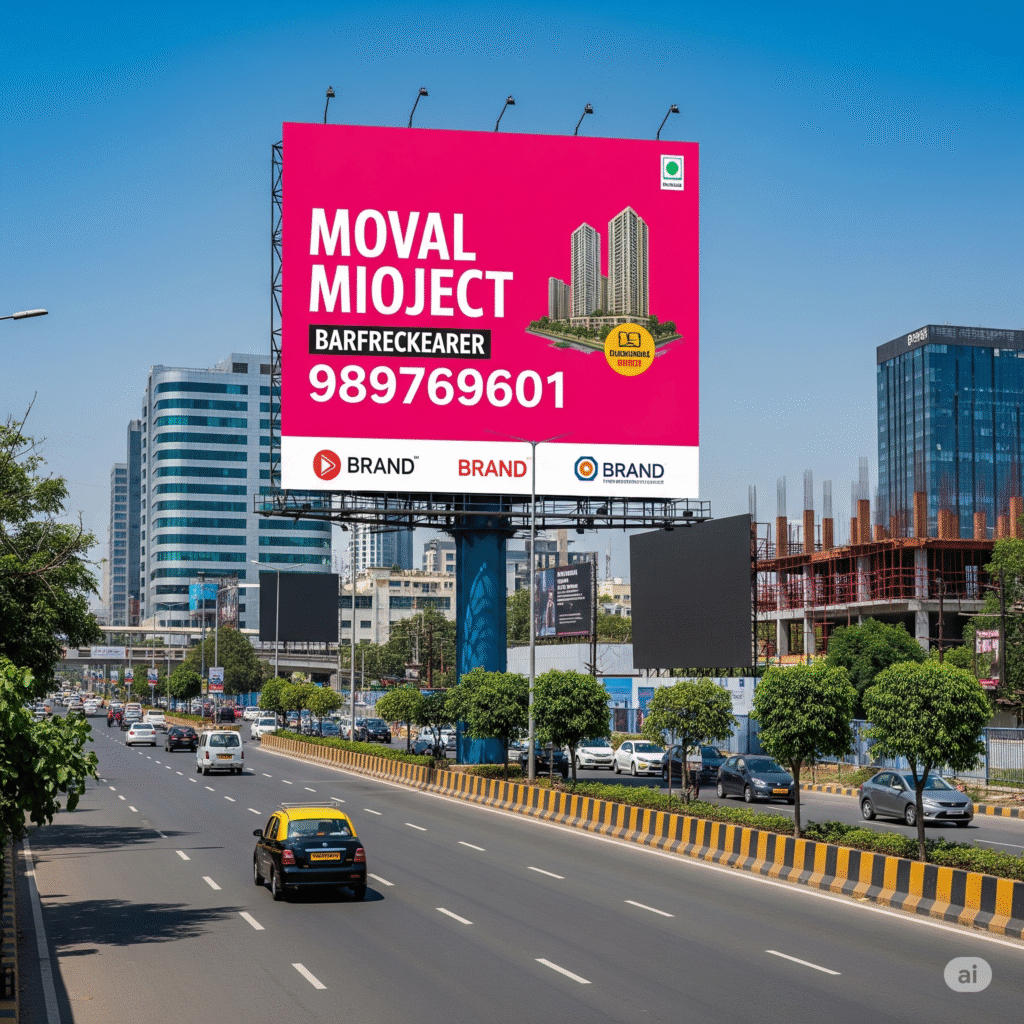 Hoarding advertising in Delhi displayed on a major city road, showcasing a vibrant outdoor ad targeting daily commuters and maximizing brand visibility