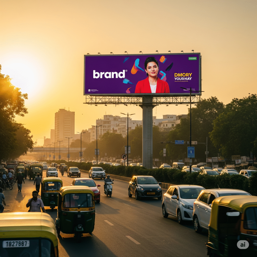 High-visibility billboard in Delhi displayed above a busy street, capturing attention from passing vehicles and pedestrians.