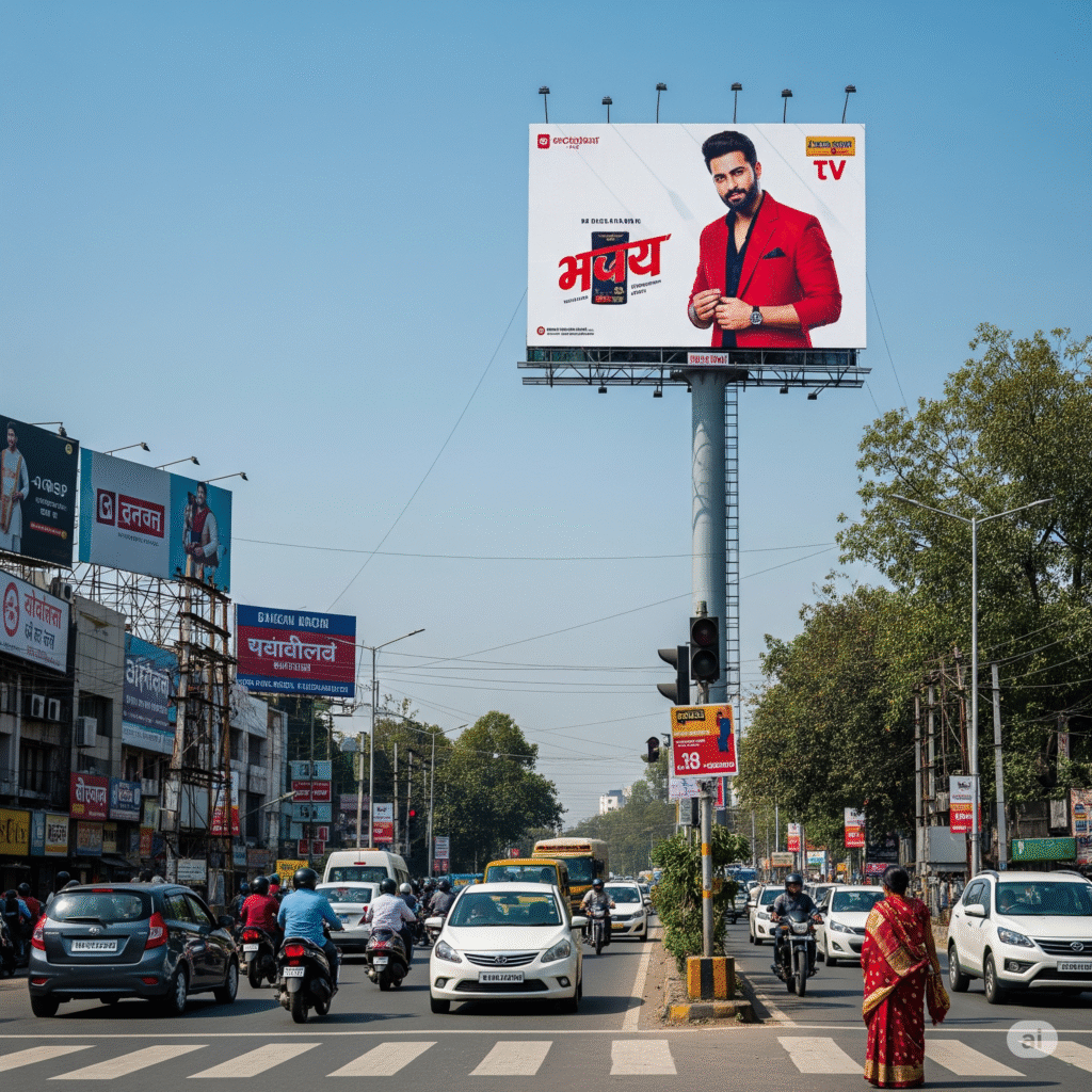 Unipole advertising billboard by ACME Advertising Co. showcasing bold outdoor brand promotion on a busy roadway.