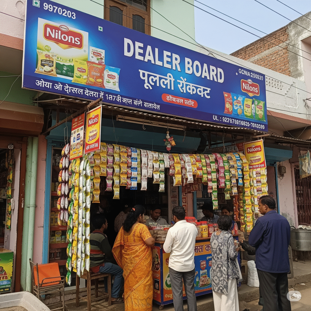 Dealer boards in Delhi showcasing branded storefront signage for local retail visibility and promotion.
