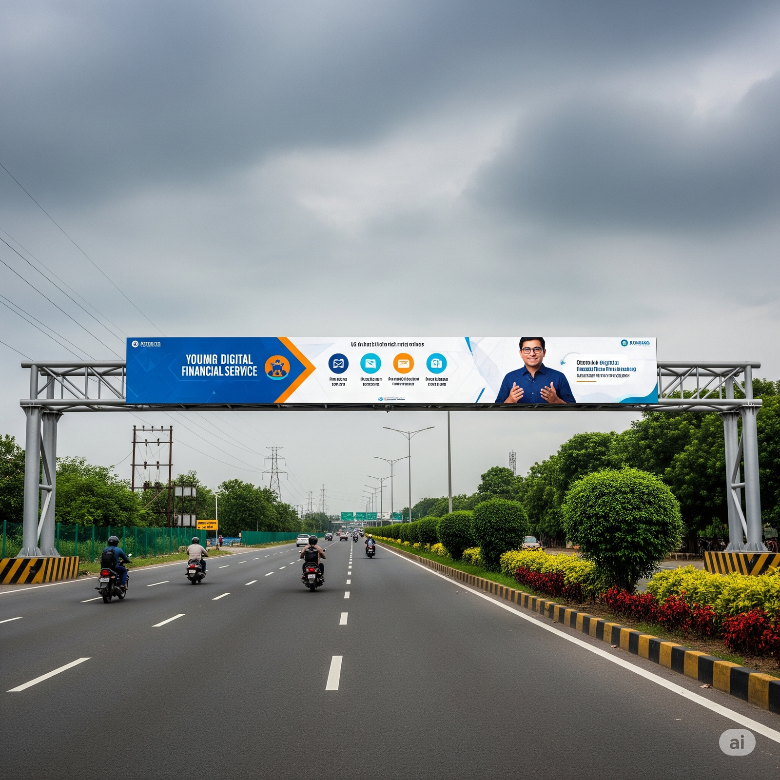 Gantry hoarding over a busy urban road displaying a large ad