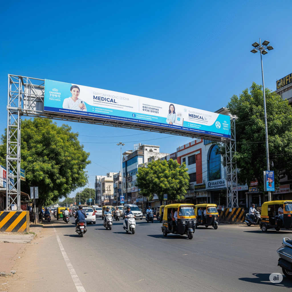 Gantry outdoor advertising hoarding placed over a busy road