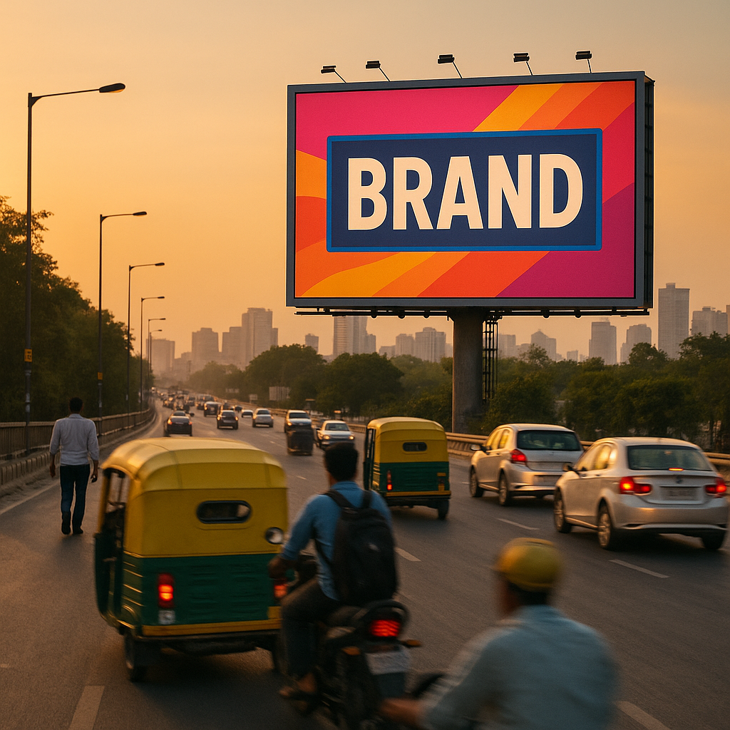 Colorful billboard advertisement displayed prominently in a busy urban area, attracting attention from passing vehicles and pedestrians.