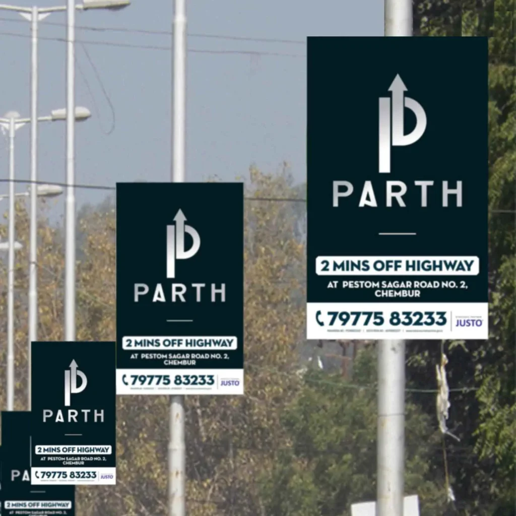 Pole kiosk advertising banners displayed on city street poles, offering high-visibility branding in urban areas.