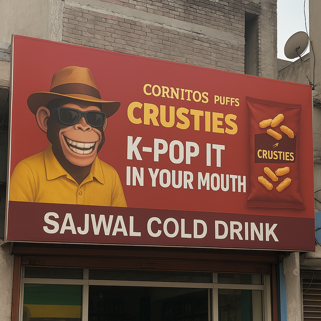 Colorful flex board advertising placed on a roadside frame, targeting local foot traffic with bold visuals and promotional messaging.