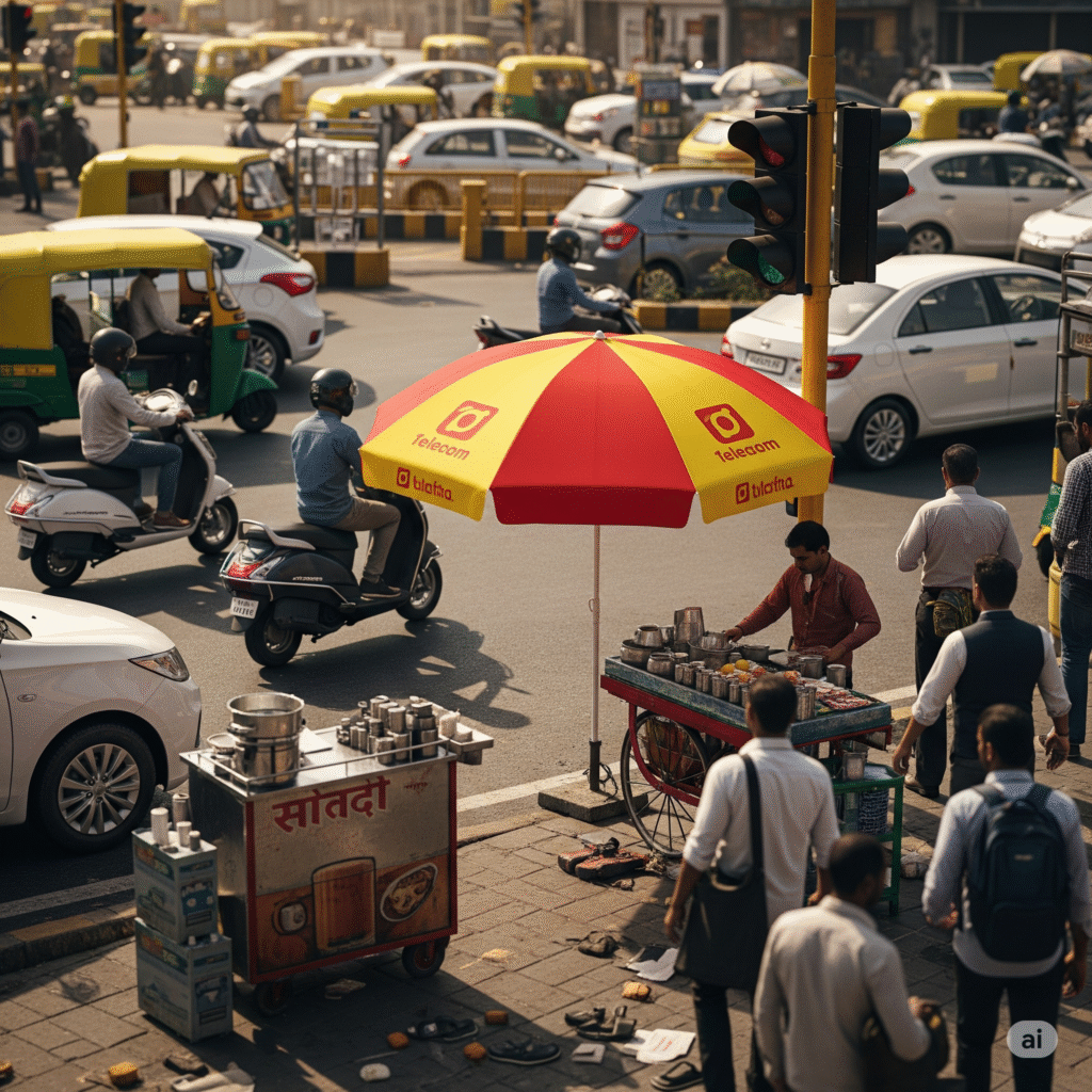 Branded promotional umbrellas used for outdoor advertising to enhance brand visibility in high-traffic areas like markets, stalls, and street corners.