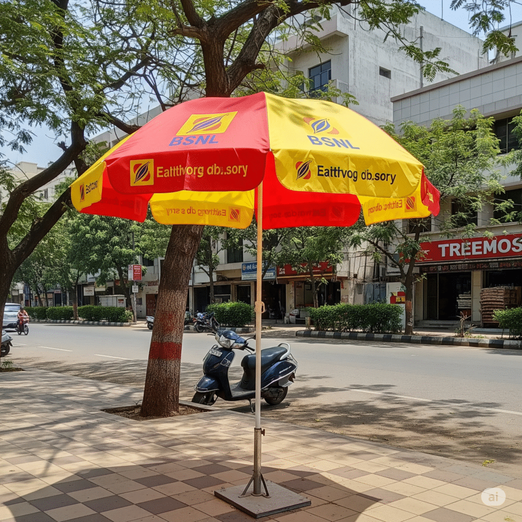 Branded promotional umbrellas used for outdoor advertising to enhance brand visibility in high-traffic areas like markets, stalls, and street corners.