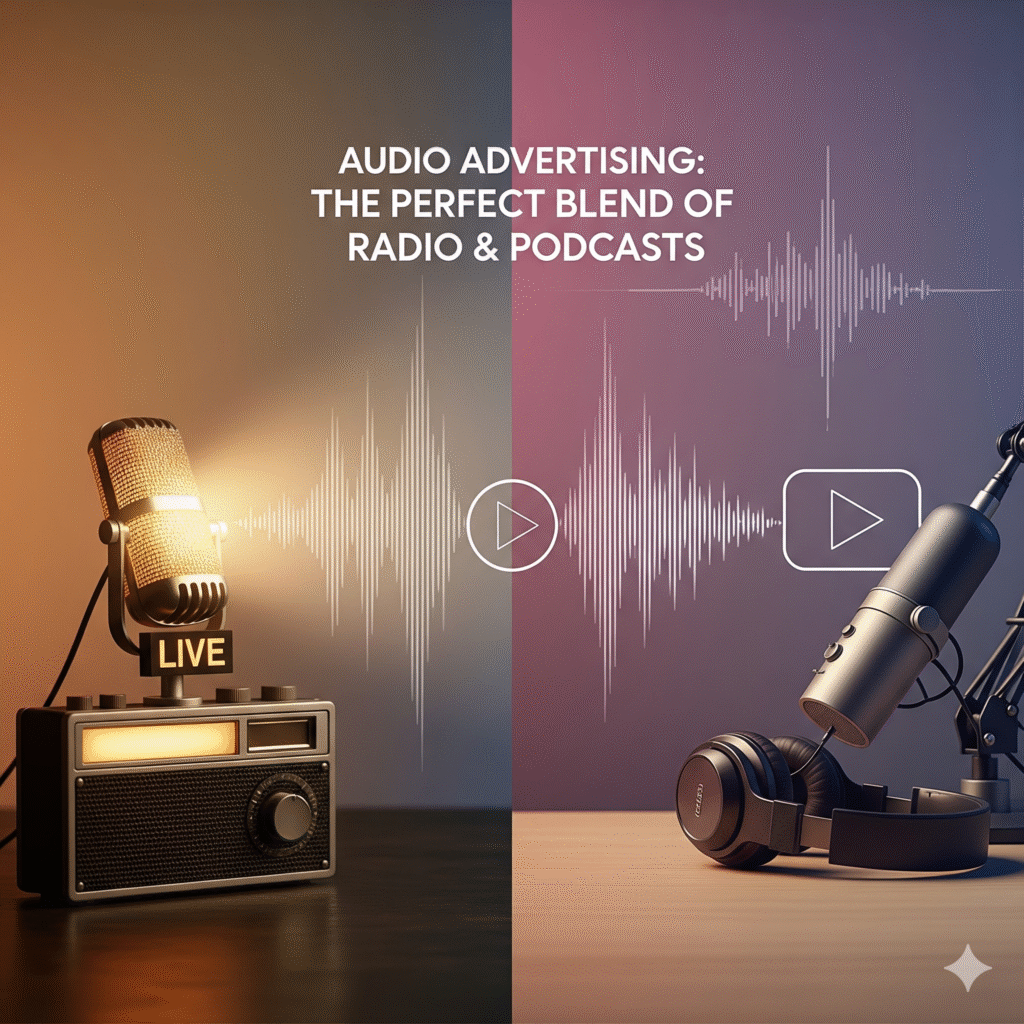 split image showing a vintage radio microphone on the left and a modern podcast microphone with headphones on the right, with sound waves and text indicating a blend of radio and podcasts for audio advertising.