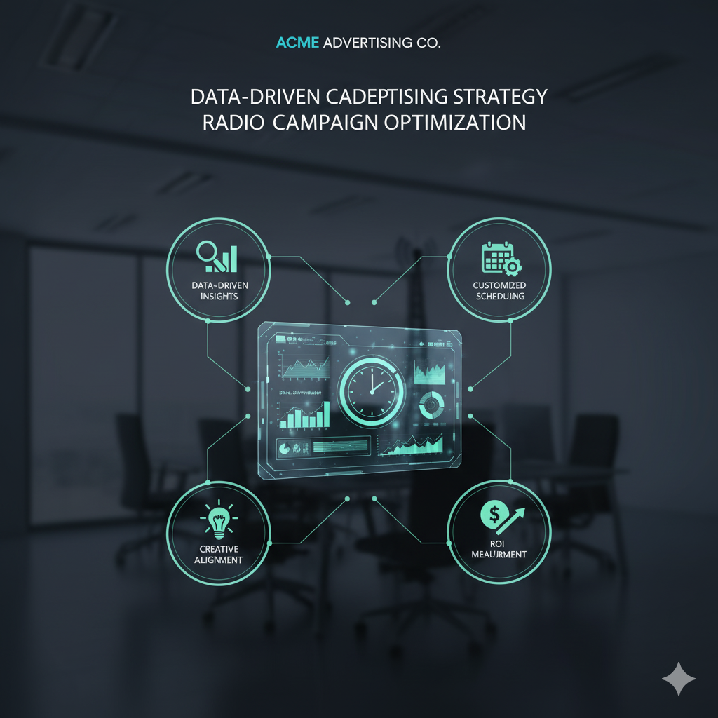 A holographic display showing data analytics and a clock, surrounded by four circular icons representing "Data-Driven Insights," "Customized Scheduling," "Creative Alignment," and "ROI Measurement."