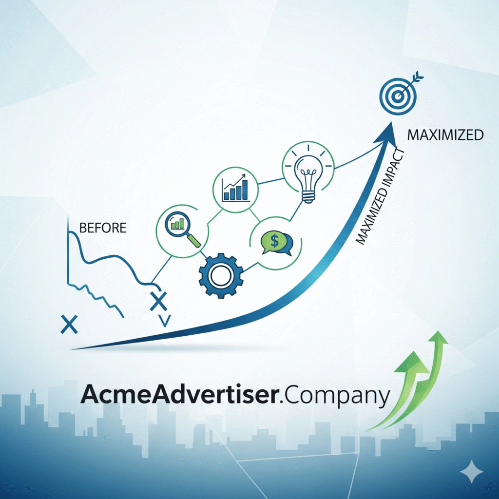 A professional graphic showing the text "AcmeAdvertiser.Company" and "Maximizing Your Business Impact" over an abstract network of lines and dots with various business icons, including a bar graph, a megaphone, a lightbulb, and a dollar sign.