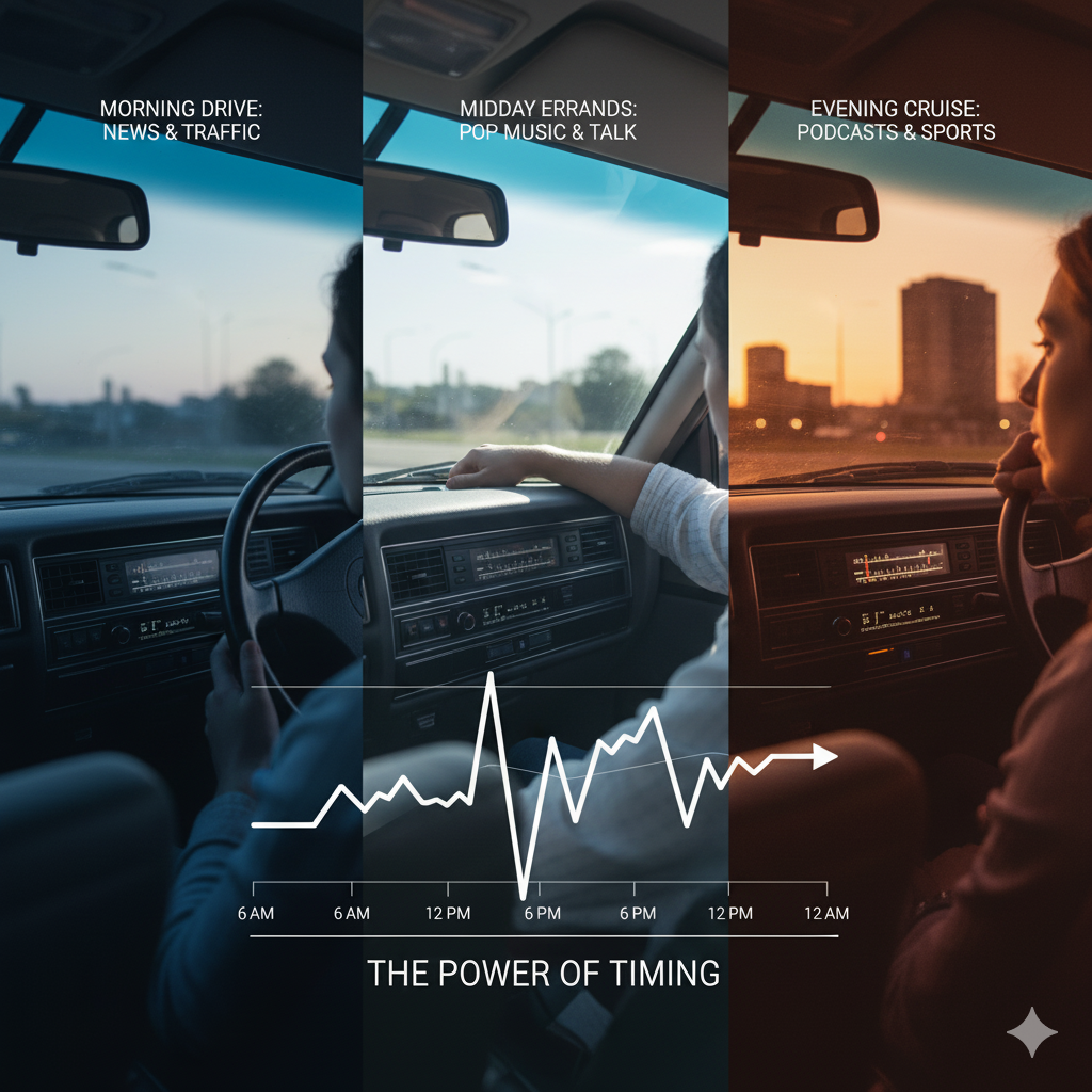 A triptych showing a person driving a car at different times of the day (morning, midday, evening), with a line graph overlaid indicating fluctuating radio listenership throughout the day.