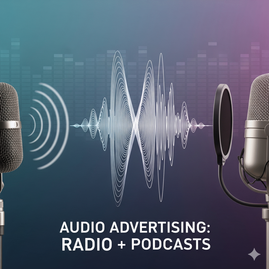 A professional graphic showing a vintage radio microphone on the left and a modern podcast microphone on the right, with intertwined sound waves in the center and the text "Audio Advertising: Radio + Podcasts" below.